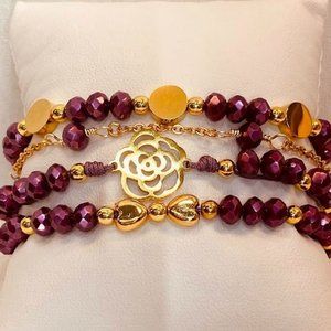 Handmade Adjustable Bracelet Set Purple and Gold Sliding Knot with Steel Charms